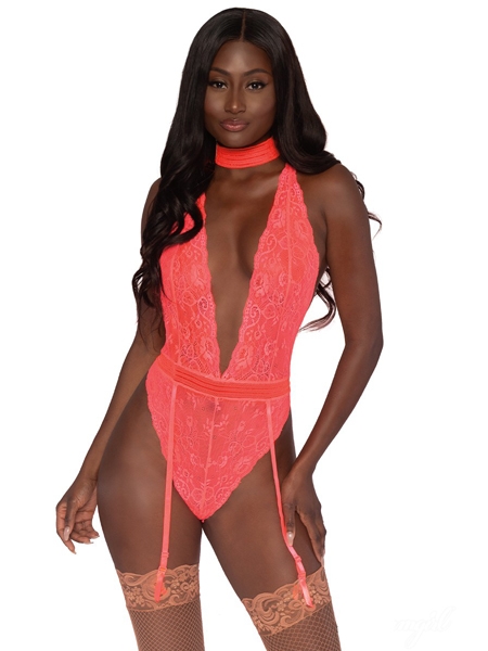 Coral Lace with Matching Choker Teddy - DreamGirl