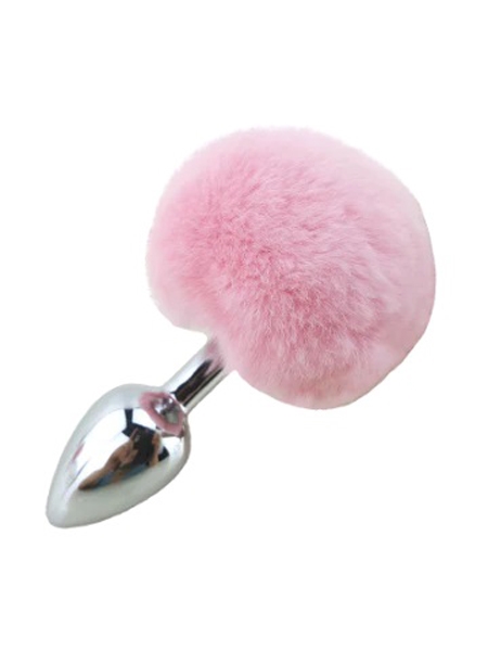 Metal Butt Plug with Pink Rabbit Tail - Small - XBLISS