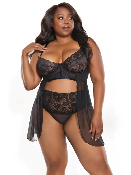 Black Lace Babydoll and Thong Set - Coquette